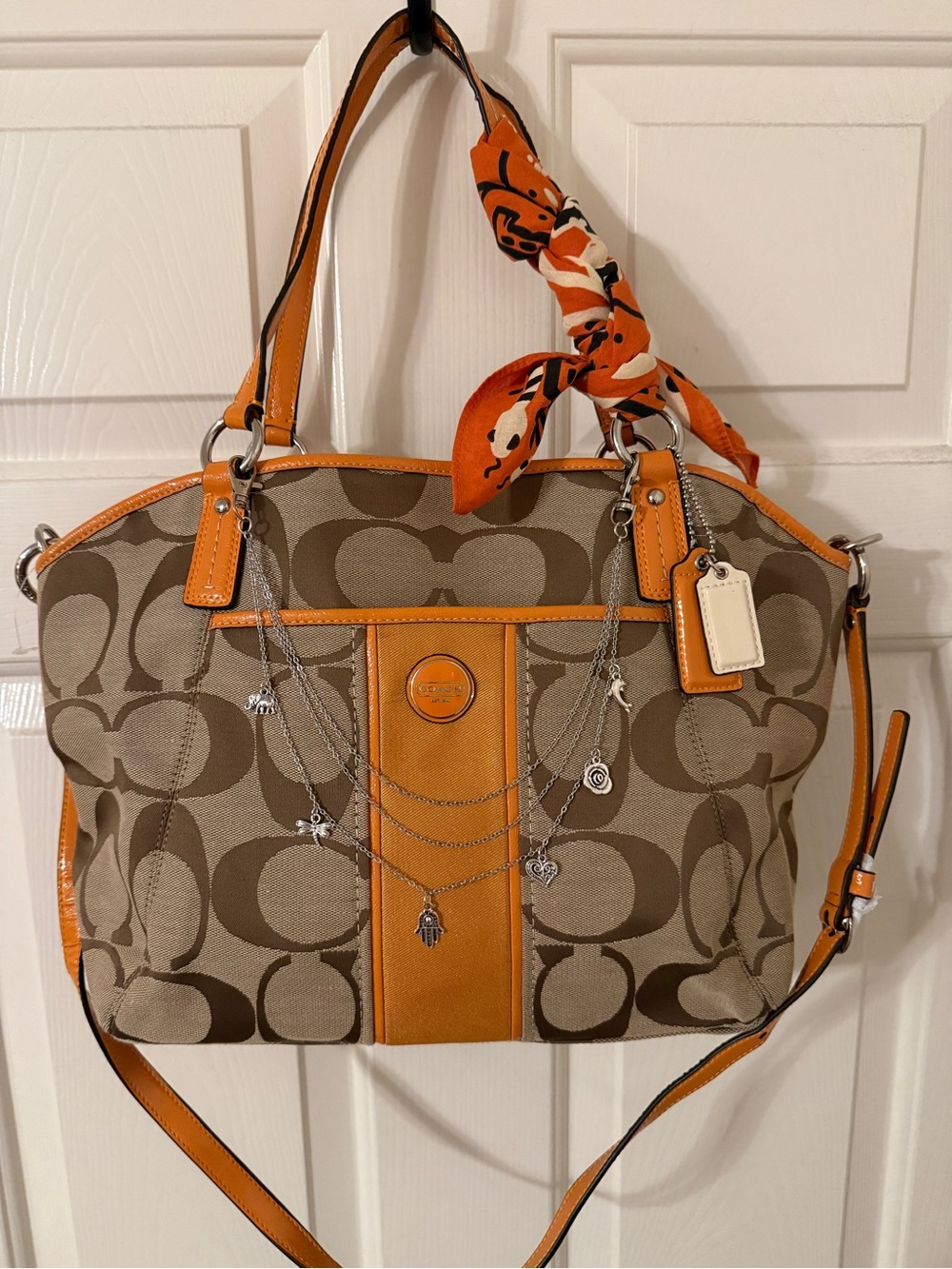 Coach Signature Tote with Orange Trim and Tan Canvas